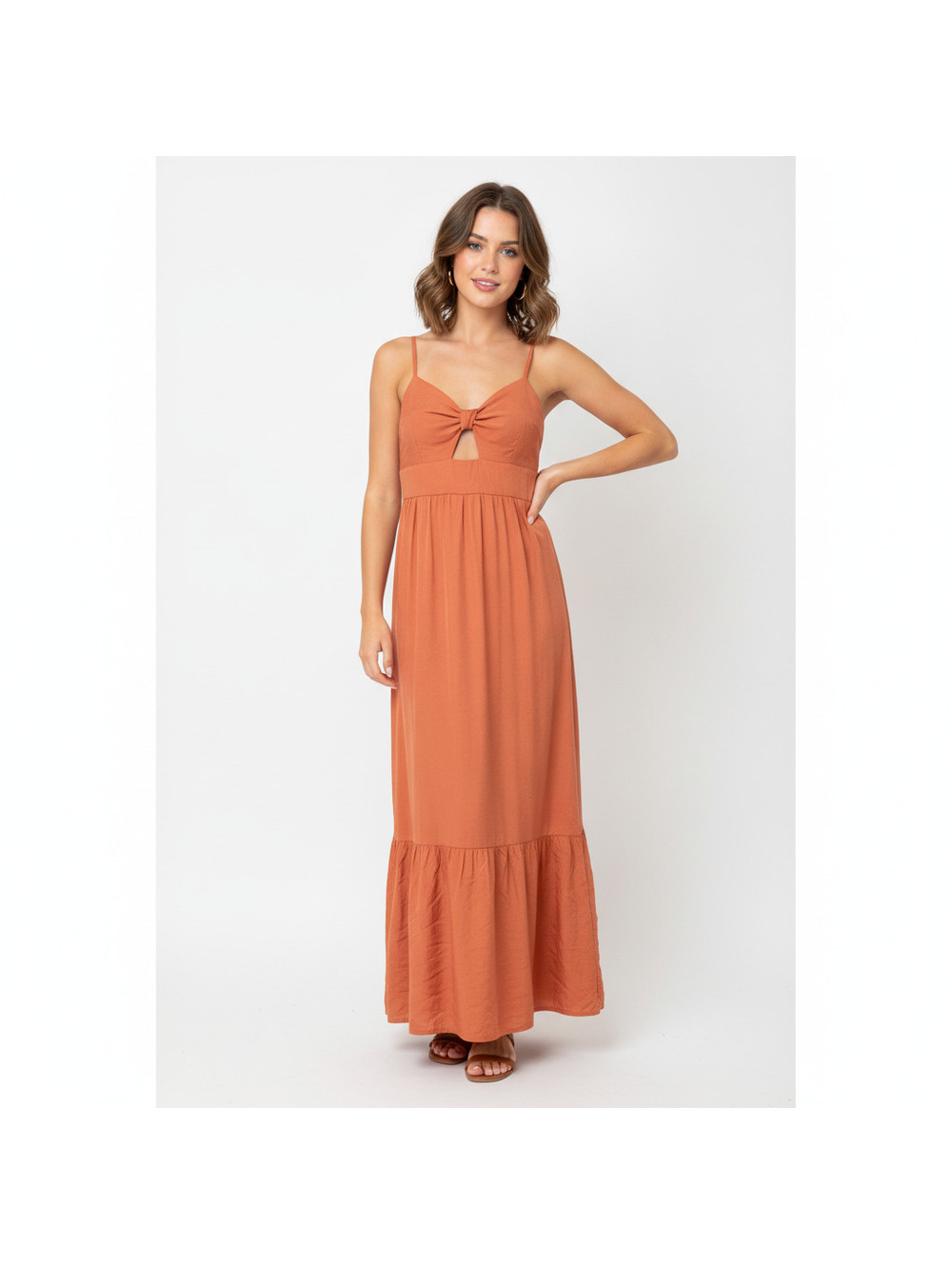 Rust Orange Maxi Dress with Tie Straps and Ruffle Hem Size M